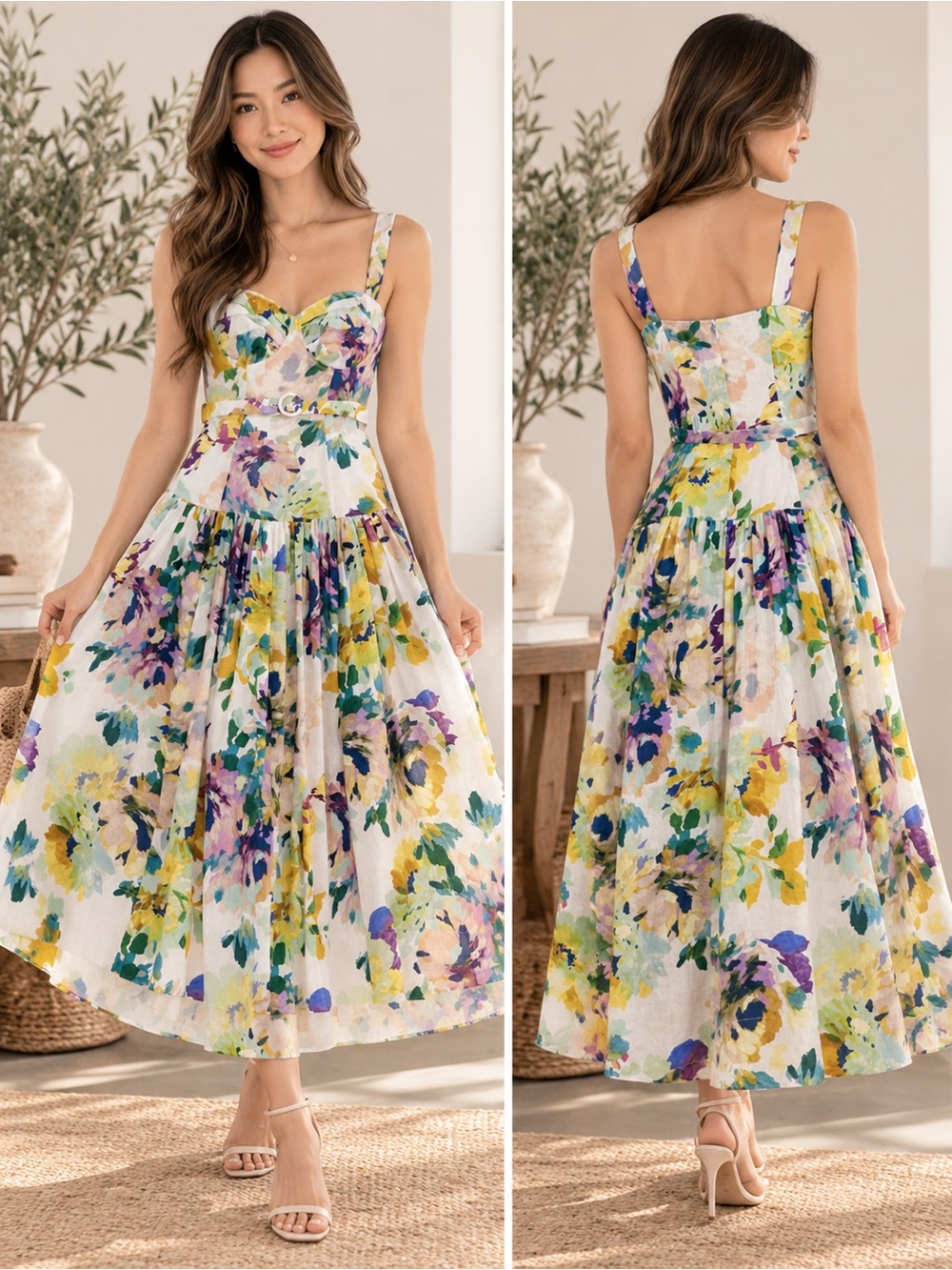 Nicholas Floral Linen Bustier Midi Dress Belted Size US 2